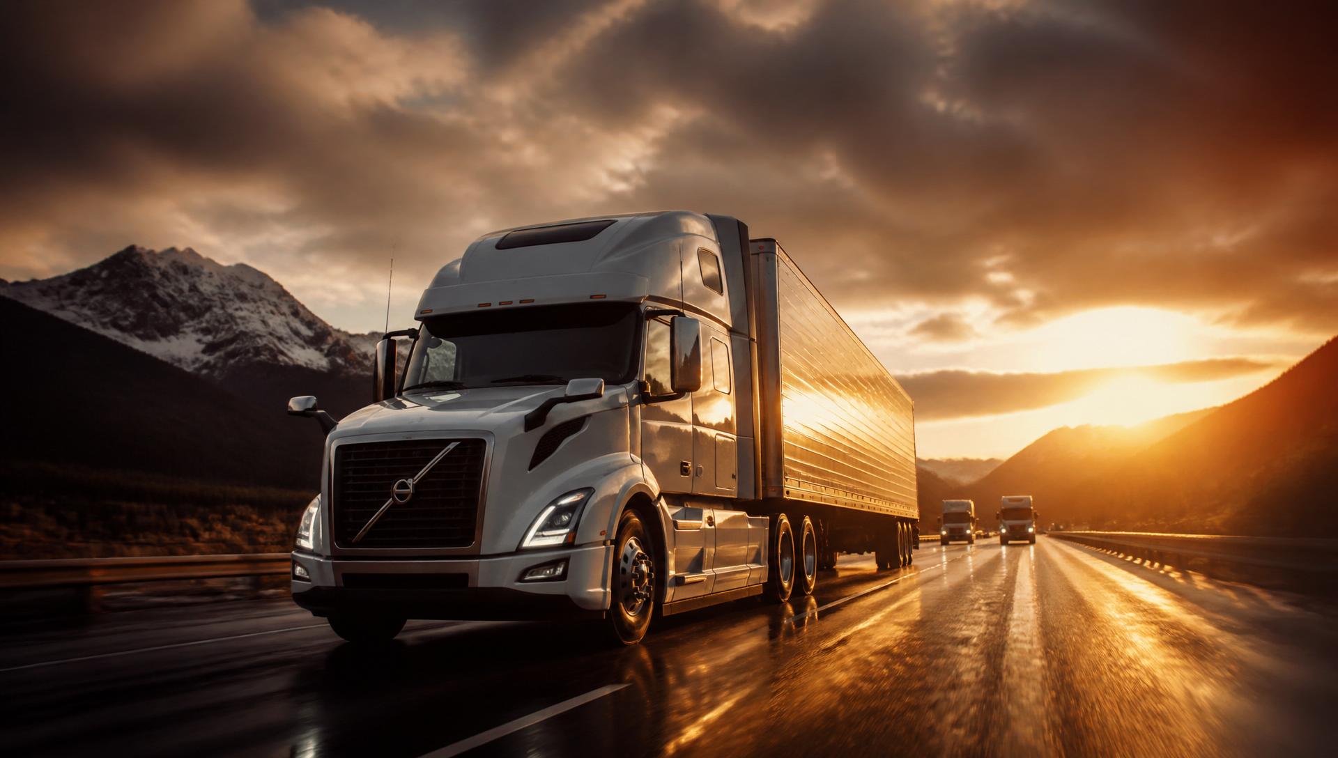 Modern Volvo semi-truck driving on an interstate at sunset
